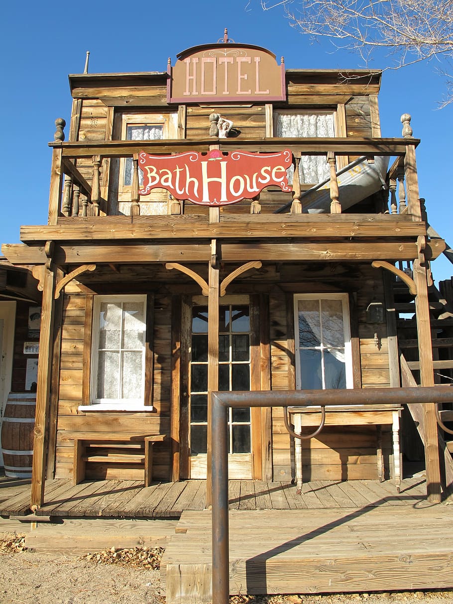 bathhouse hotel, bath house, western town, ghost town, wild west, old, wood, cowboys, uSA, sign