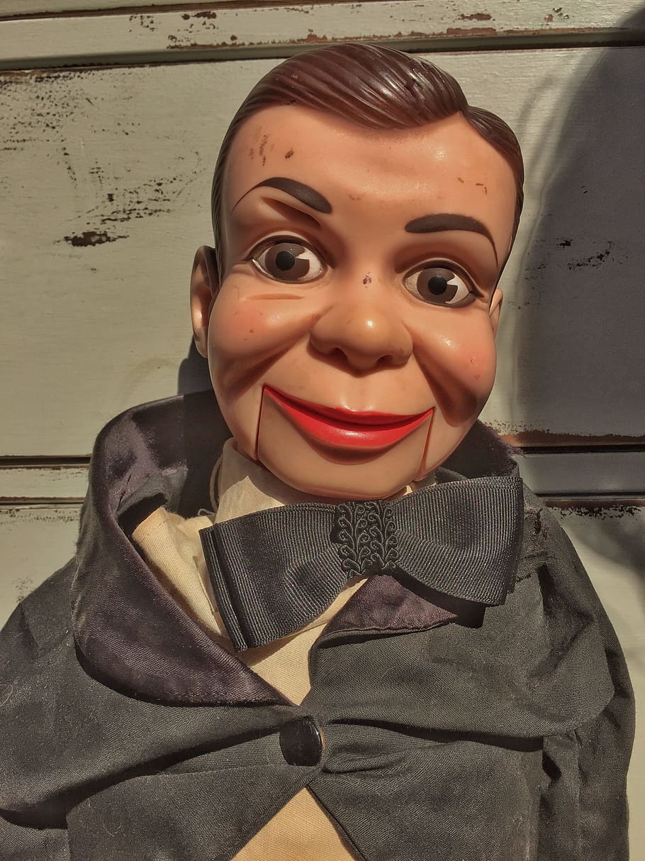 Dummy, Ventriloquist, Creepy, Doll, retro, bow tie, flea market, antique, lips, people