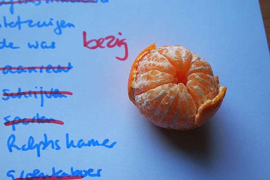 orange, fruit, white, paper, list, to do, break time, vitamin, mandarin, peel