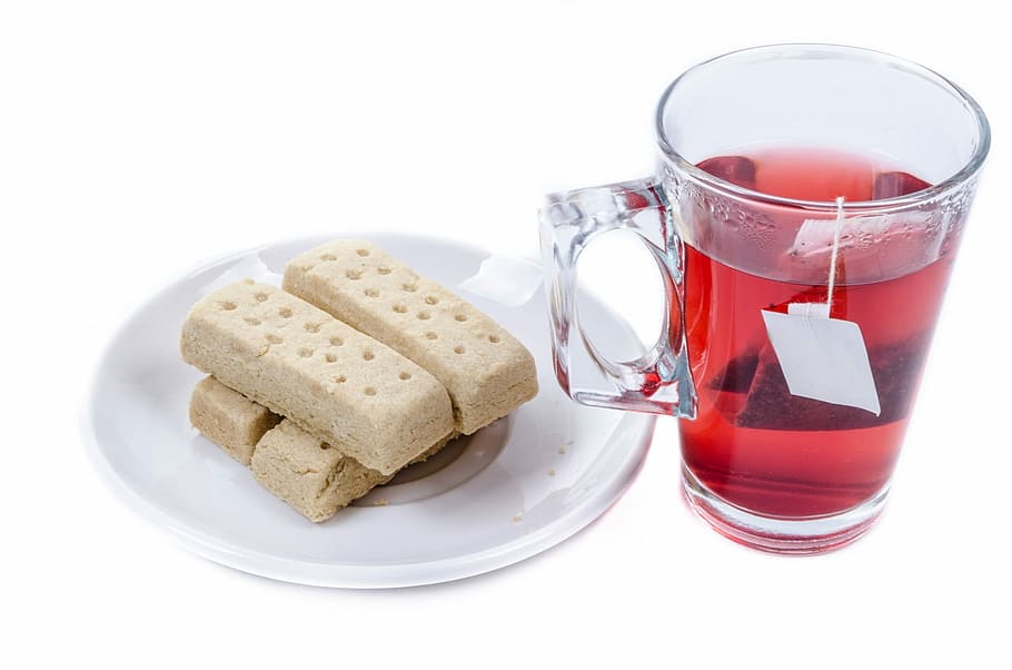 Té, taza, blanco, bolsita de té, vidrio, dulce, de buen gusto, crujiente, repostería, líquido