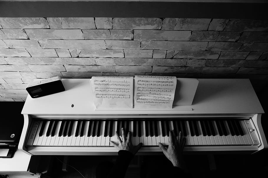 piano, blanco y negro, tocando, música, instrumento, blanco, negro, teclado, tecla, equipo musical