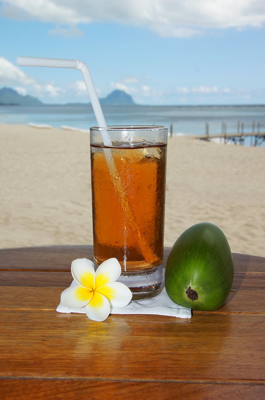 cocktail, frangipani, plumeria, wooden table, exotic, frangipandi, apocynaceae, coconut, beach, beach bar