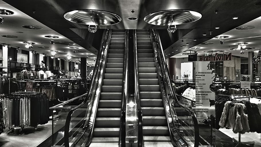 eskalator, department store, chrome, desain, arsitektur, hitam dan putih, di dalam ruangan, diterangi, peralatan pencahayaan, tangga