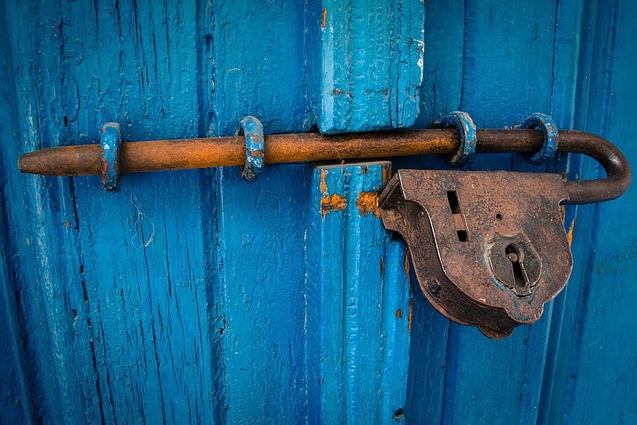 brown, steel padlock, blue, wooden, door, rusty, entrance, architecture, wood, old