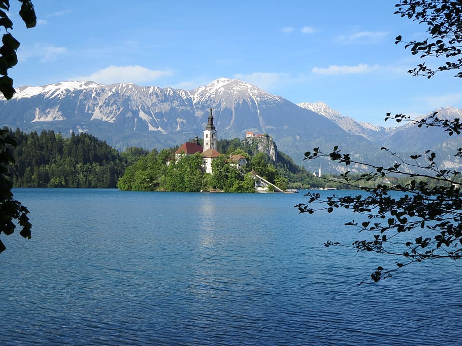 Eslovenia, lago, isla, sangrado, montaña, iglesia, agua, naturaleza, paisaje, cielo