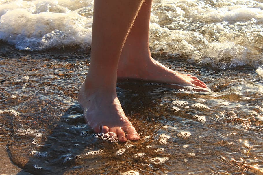 person, standing, seashore, daytime, water, feet, evening light, sunset, baltic sea, nature