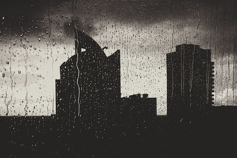 silhouette, high-rise, buildings, wet, rain, building, city, water, nature, weather