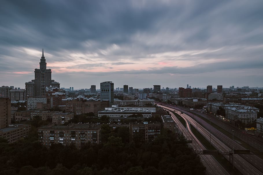 urban, city, establishment, building, structure, infrastructure, tower, aerial, clouds, sky