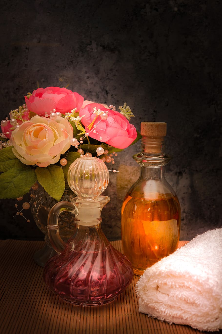 wellness, carafe, oil, massage, towel, white, flowers, still life, spa, relaxation