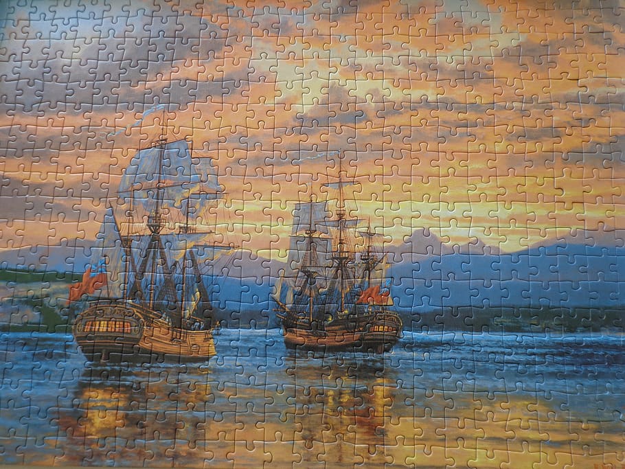 jigsaw puzzle, jigsaw, puzzle, ships, pieces, sunset, brick, brick wall, built structure, wall - building feature
