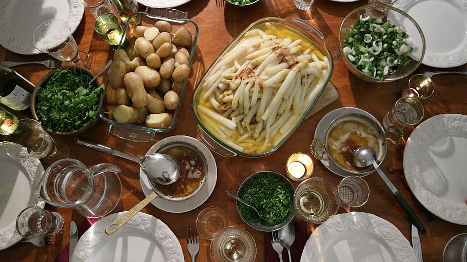 asparagus, meja, kentang, meja gedeckter, hollandaise, hidangan asparagus, mentega, asparagus hijau, makan, masak