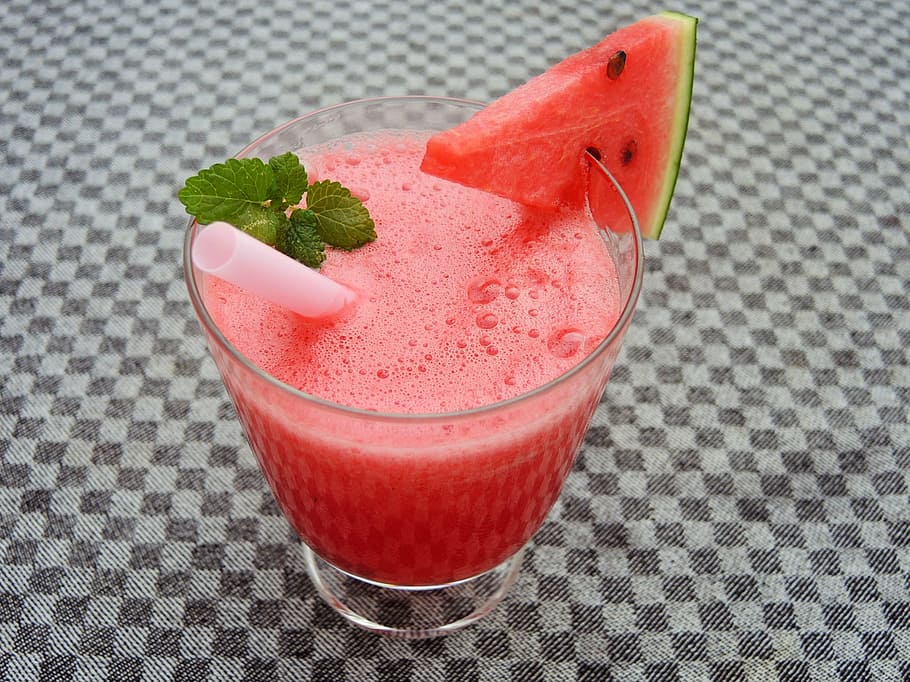 watermelon, shake, clear, drinking glass, slice, white, straw, breakfast, smoothie, melon