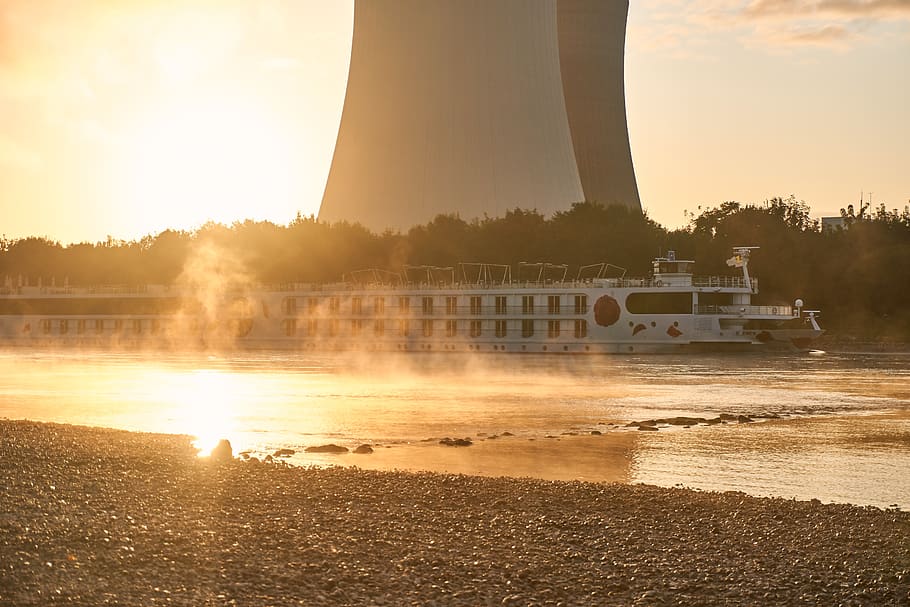 nuclear power plant, river cruise, ship, passengers, vacations, energy, rhine, river, water, low tide