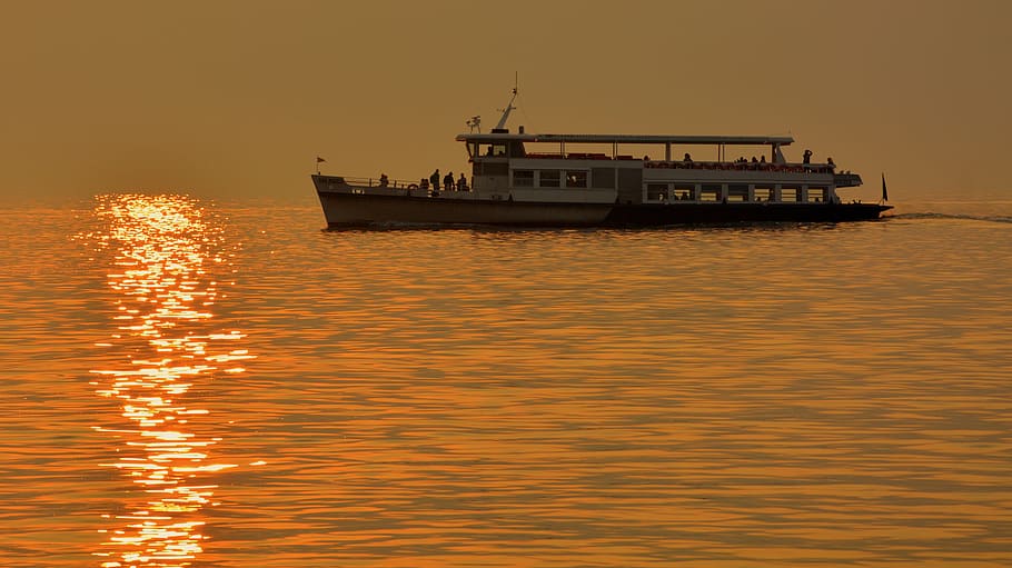 boat, lake, sunset, reflection, sun, water, speedboat, nautical vessel, transportation, mode of transportation