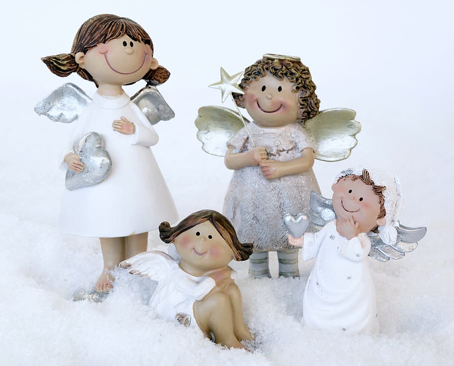 four angel figurines, angel, guardian angel, christmas angel, wing, white, sky, enjoy, harmony, cute
