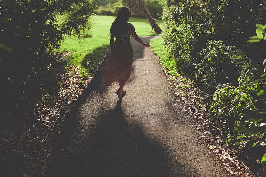 people, woman, pathway, trees, nature, green, grass, garden, plants, shade
