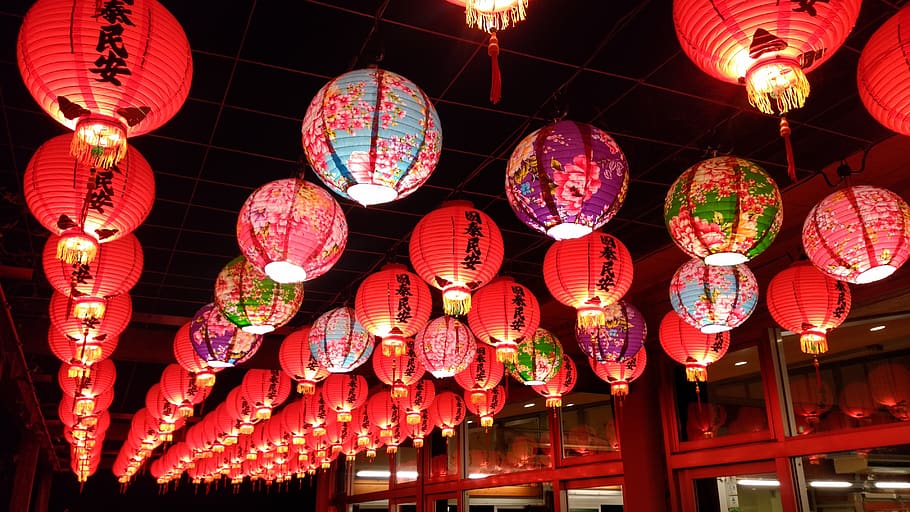festival, asia, japón, equipo de iluminación, colgante, linterna, linterna china, iluminado, decoración, vista de ángulo bajo
