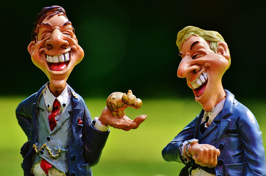 two caricature figurines, time is money, businessman, time of, figure, wrist watch, fun, on time, funny, laugh
