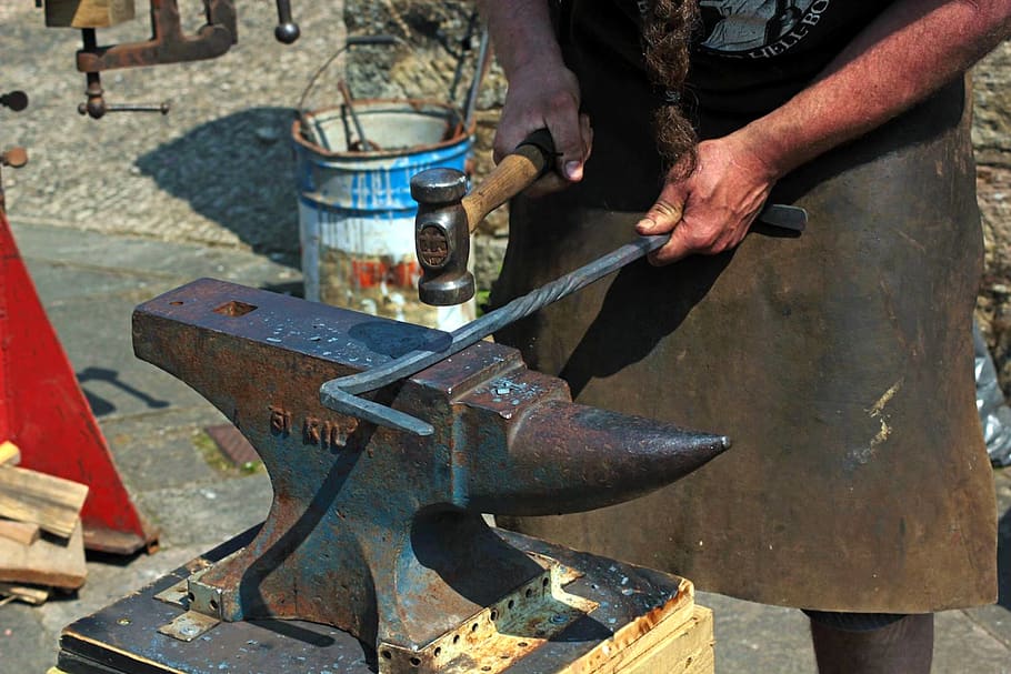 blacksmith, anvil, iron, hammer, work, metal, craft, bending, skill, hand