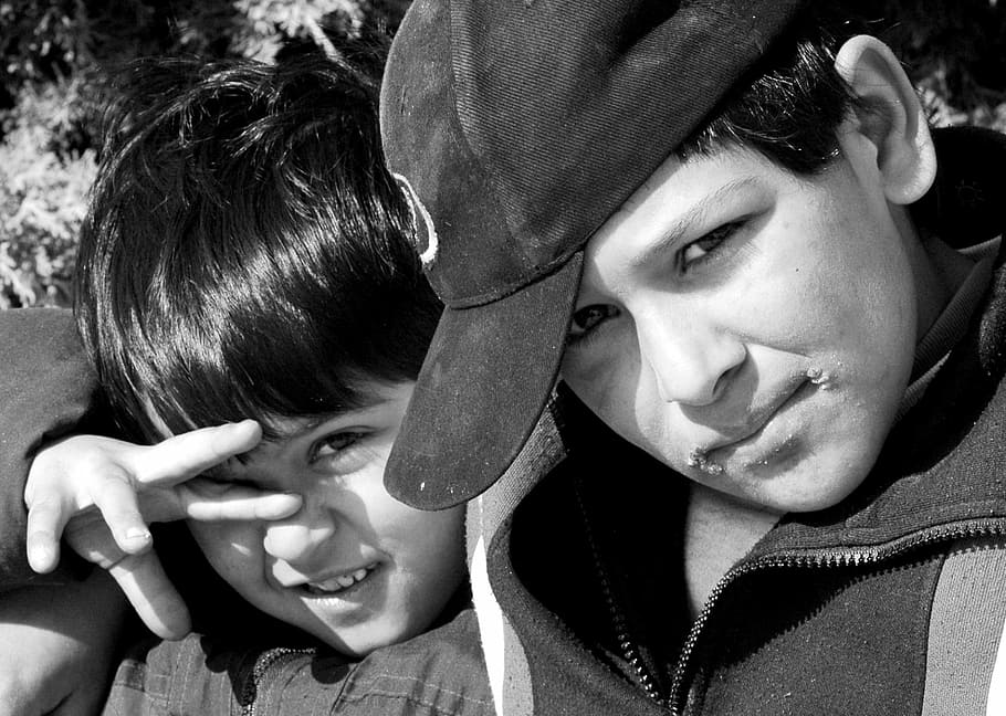 brothers, children, childhood, expression, rash, black and white, two people, mid adult, togetherness, love