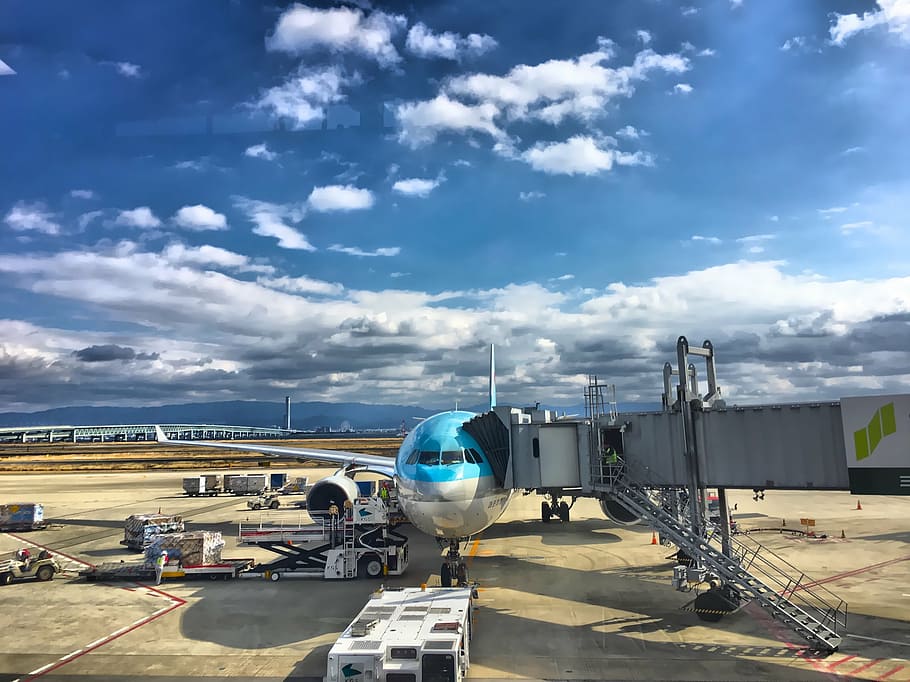 blue, white, commercial, plane, airport, korean air, cloud, transportation, travel, airport runway