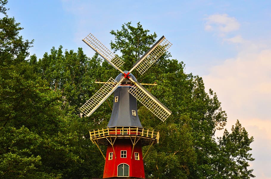 gray, red, windmill, trees, dutch windmill, mill, holland, traditional, tourist attraction, typical