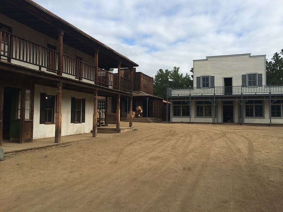 marrom, branco, de madeira, casas, Paramount Ranch, Malibu, Conjunto de filme, velho oeste, cidade ocidental, fachada