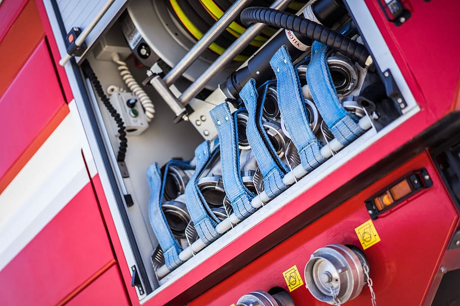 equipamento de caminhão de bombeiros, fechar, # 2, caminhão de bombeiros, equipamento, close-up, emergência, brigada de incêndio, corpo de bombeiros, bombeiros