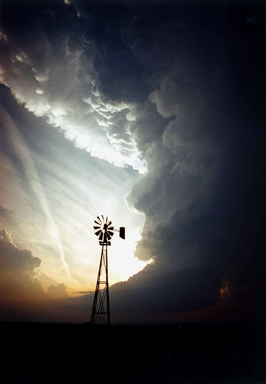 Windmill, Clouds, Wind, storm, sky, energy, nature, dark, sunlight, water