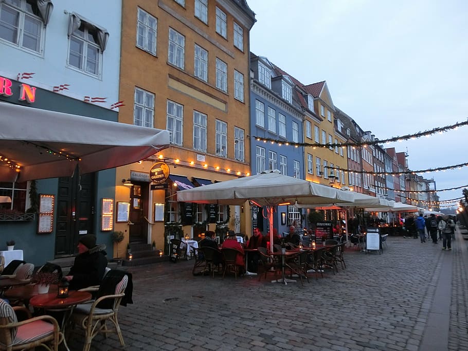 copenhagen, denmark, port, nyhavn, restaurants, promenade, architecture, building exterior, built structure, city