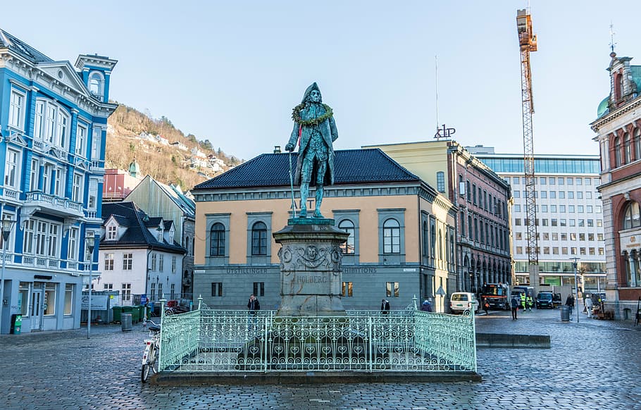 man, wearing, coat statue, middle, square plaza, bergen, norway, statue, city, europe