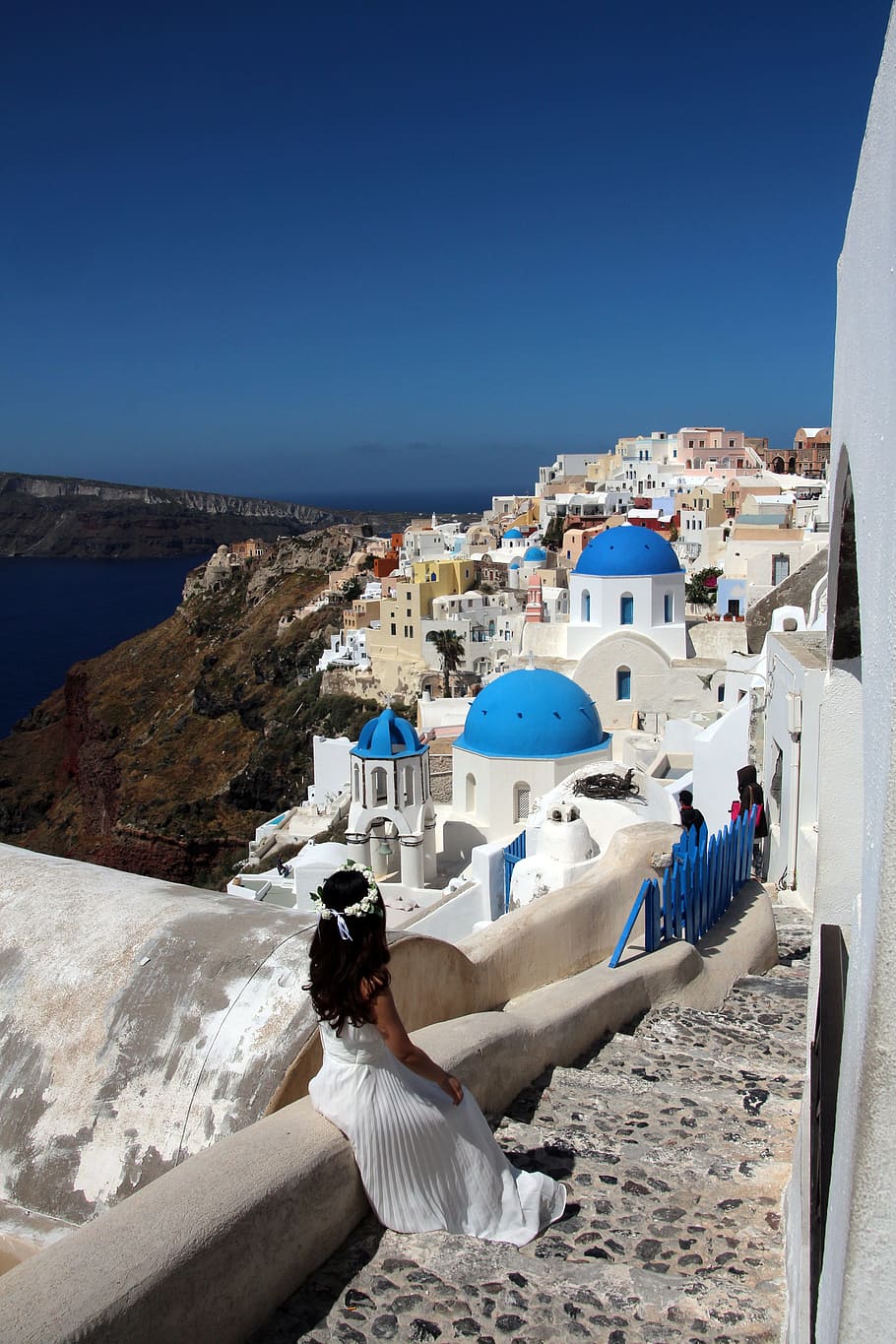 woman, white, gown, sitting, staircase, santorini, sea, greece, stairs, home