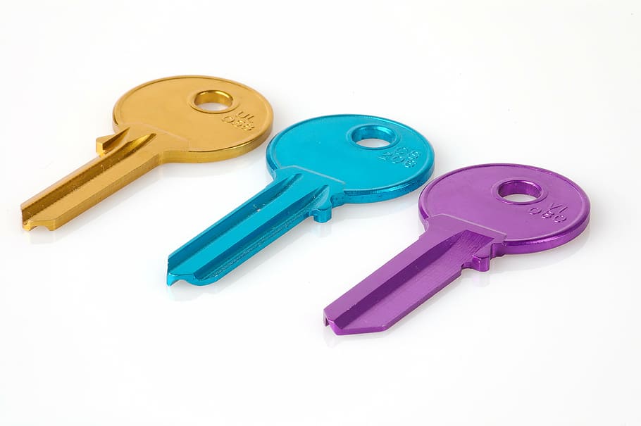 three, gold, blue, purple, keys, key, colorful, matching, number, security