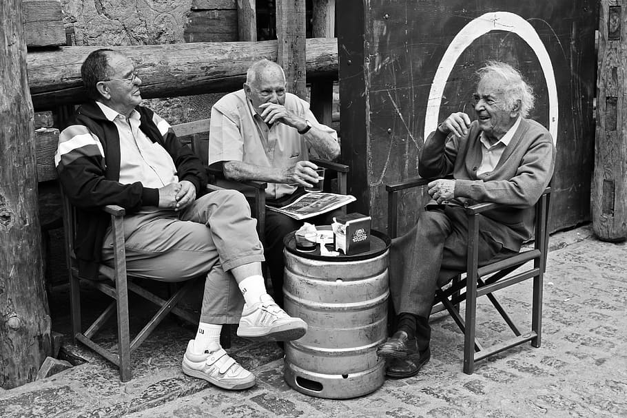 grayscale photography, three, men, sitting, chair, talking, people, happy, laughter, smiles