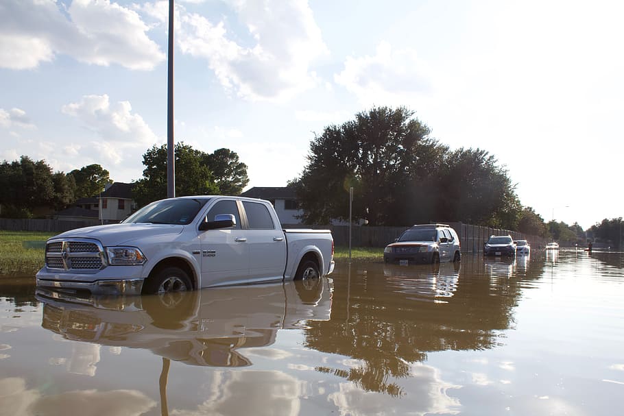 badai harvey, mobil, air, banjir, harvey, badai, kendaraan, kerusakan, refleksi, bencana