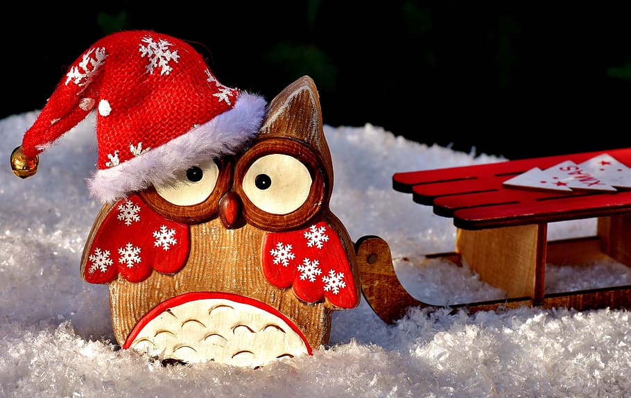 brown, wooden, owl, carving, table decor, figure, wood, christmas, santa hat, cute