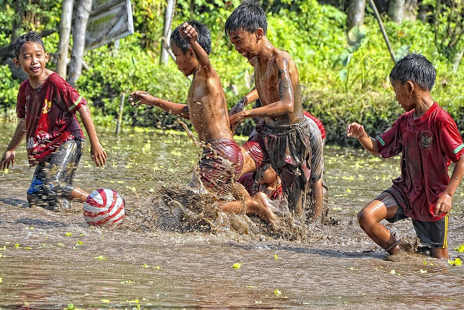five, boys, playing, mud, ball, child, jogjakarta, yogyakarta, indonesian, play