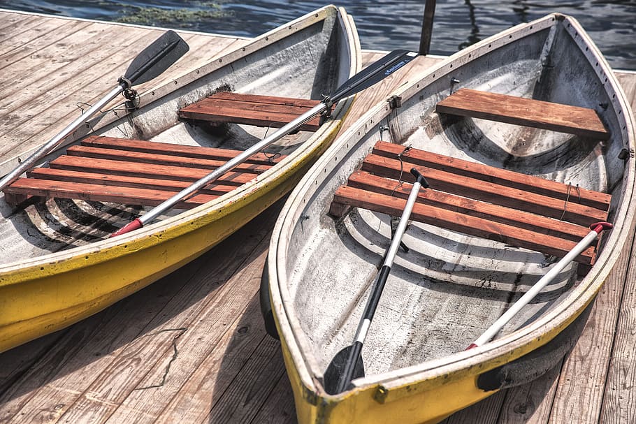 photography, two, yellow-and-brown, wooden, canoes, daytime, yellow, objects, lazy, dock