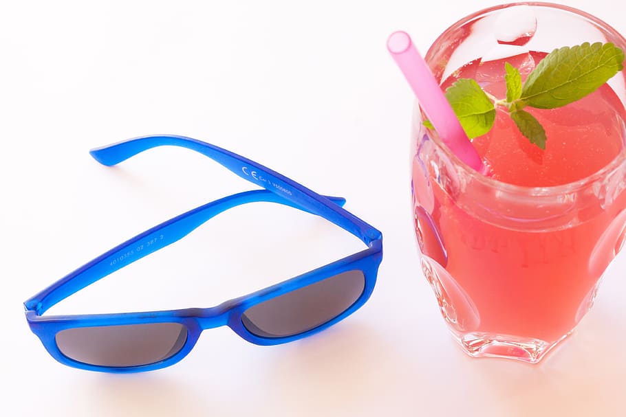 blue, framed, wayfarer-style sunglasses, glass cup, juice drink, summer, refreshment, sunglasses, drink, ice cubes