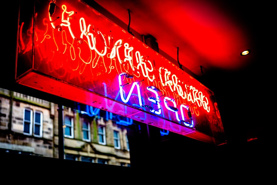 neon, sign, night, store, signage, open, glowing, light, restaurant, bar
