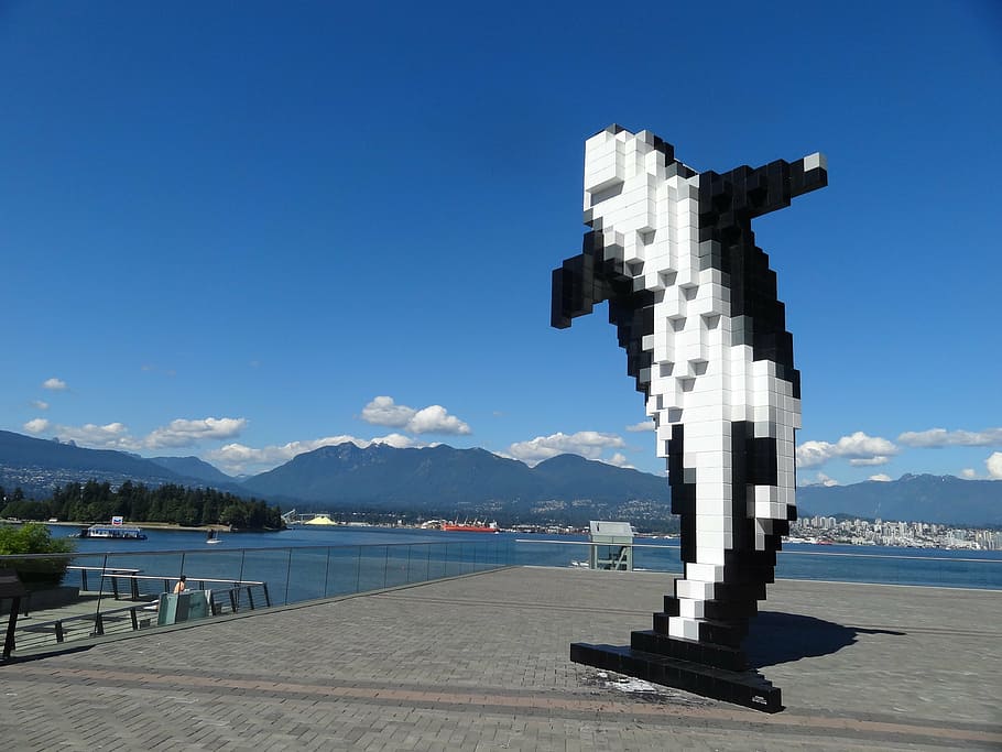 sculpture, whale, outdoor, vancouver, mountain, statue, culture, water, sky, nature