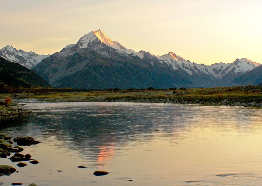 Sunrise, Mount Cook, NZ, rocky mountain photograph, mountain, water, sky, scenics - nature, tranquil scene, beauty in nature