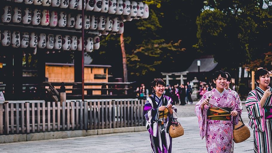 Asia, orang-orang, wanita, gadis, kimono, Jepang, lentera, pohon, petualangan, perjalanan