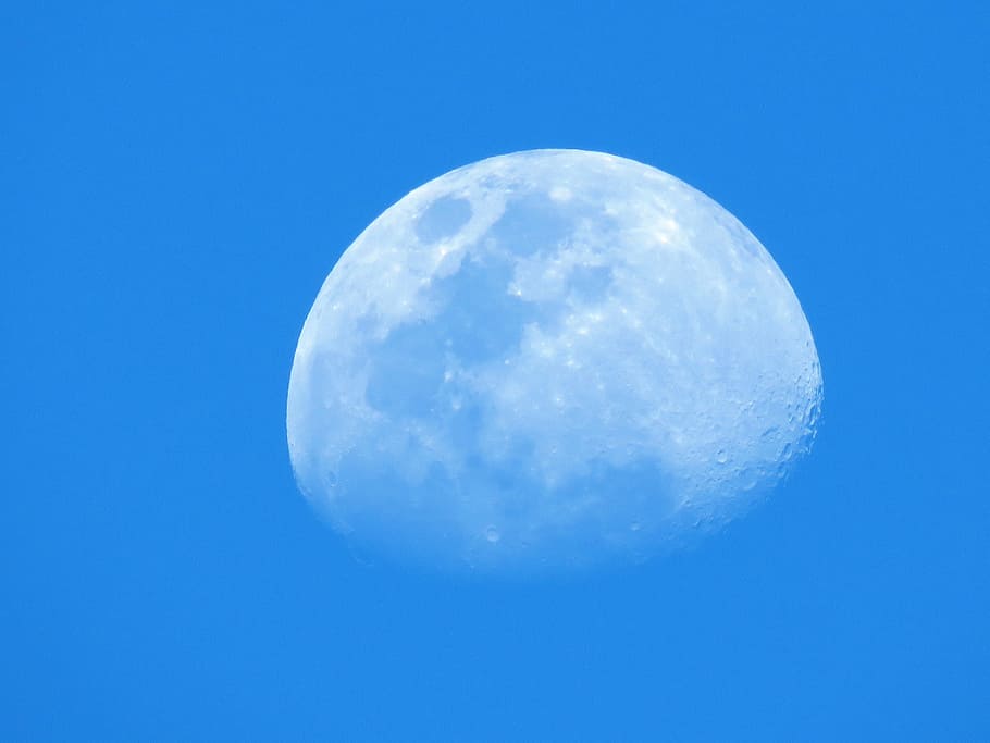 Moon, Blue Sky, Planet, Close Up, White, blue, sky, clear, space, moon surface