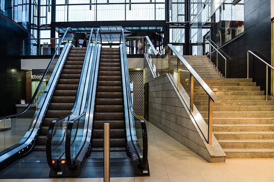 escalator, stairs, mobile, shopping mall, staircase, steps and staircases, railing, architecture, indoors, convenience