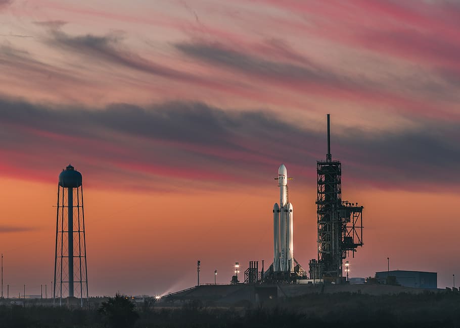 Falcon Heavy, Demo, Mission, space shuttle, sunset, sky, cloud - sky, built structure, architecture, orange color