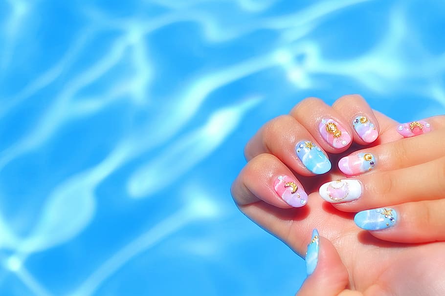 nail airt, nail, women, water, blue, summer, beauty, females, human Hand, close-up