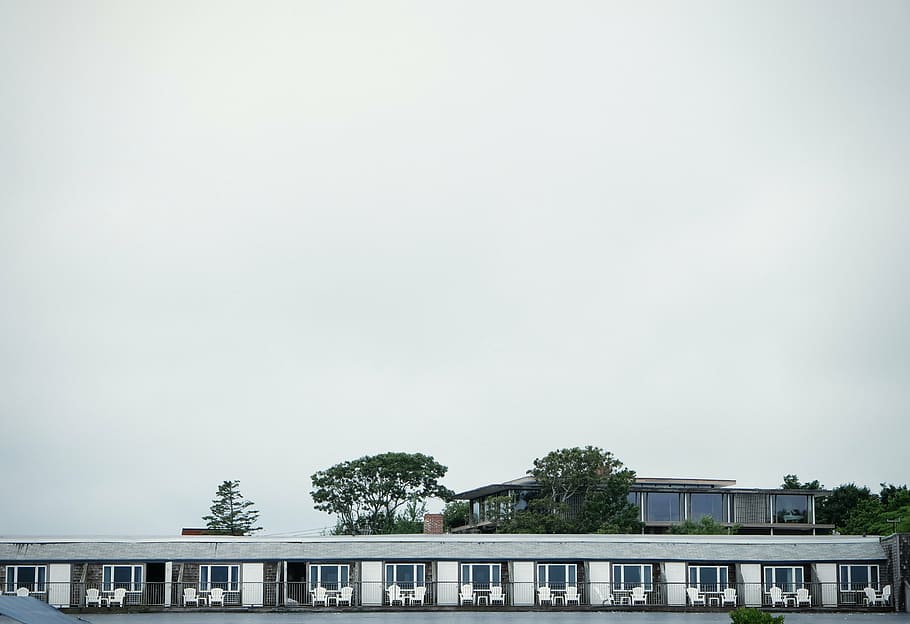 gray, apartments, trees, landscape, photography, building, motel, beach, water, chairs