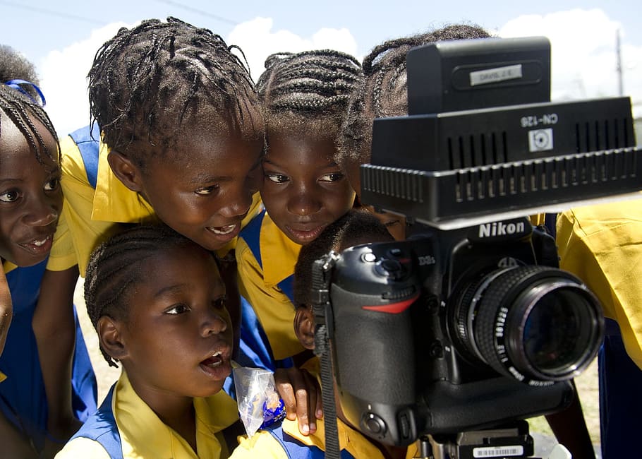 children, watching, camera, kingston, jamaica, examining, close-up, macro, sky, outside