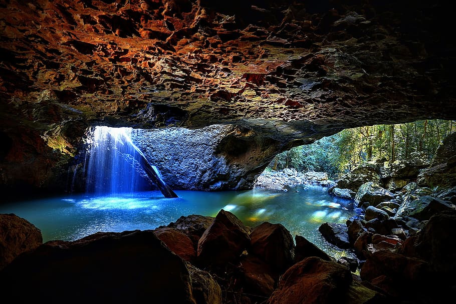 洞窟, 岩, ブリスベン, 滝, 自然, 水, 小川, 川, 岩-オブジェクト, 自然の美しさ